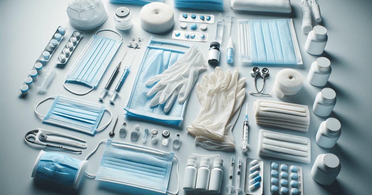 Flat lay of medical consumables including masks, gloves, syringes and dressings